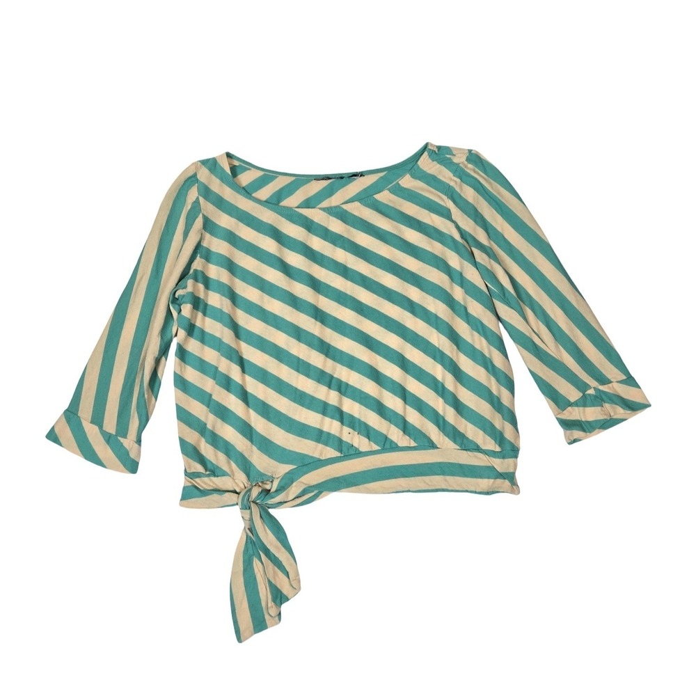 2010 Teal Pink Striped Side Tie Boat Neck 3/4 Sleeve Top Boxy Oversized Hipster